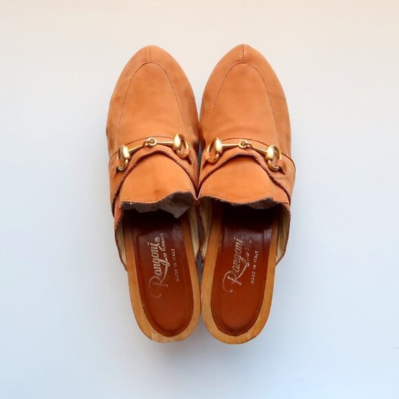 Rangonii of Florence Italian Tan Leather Gold Horse-bit Wooden Clogs / Mules 9 - Picture 9 of 16